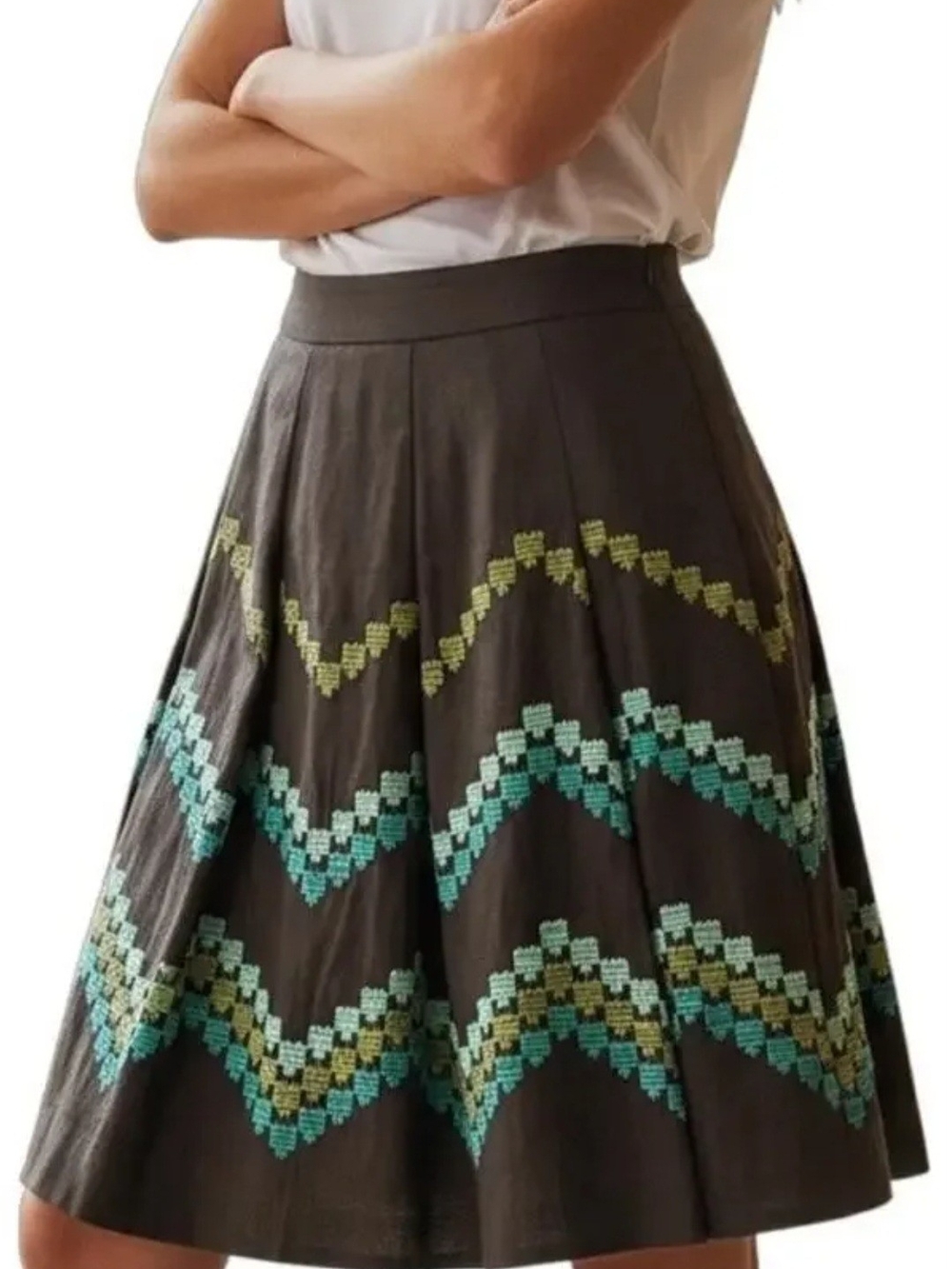 Ann Taylor Loft Brown Linen Embroidered Full Pleated Midi Skirt Side Zip Size 12